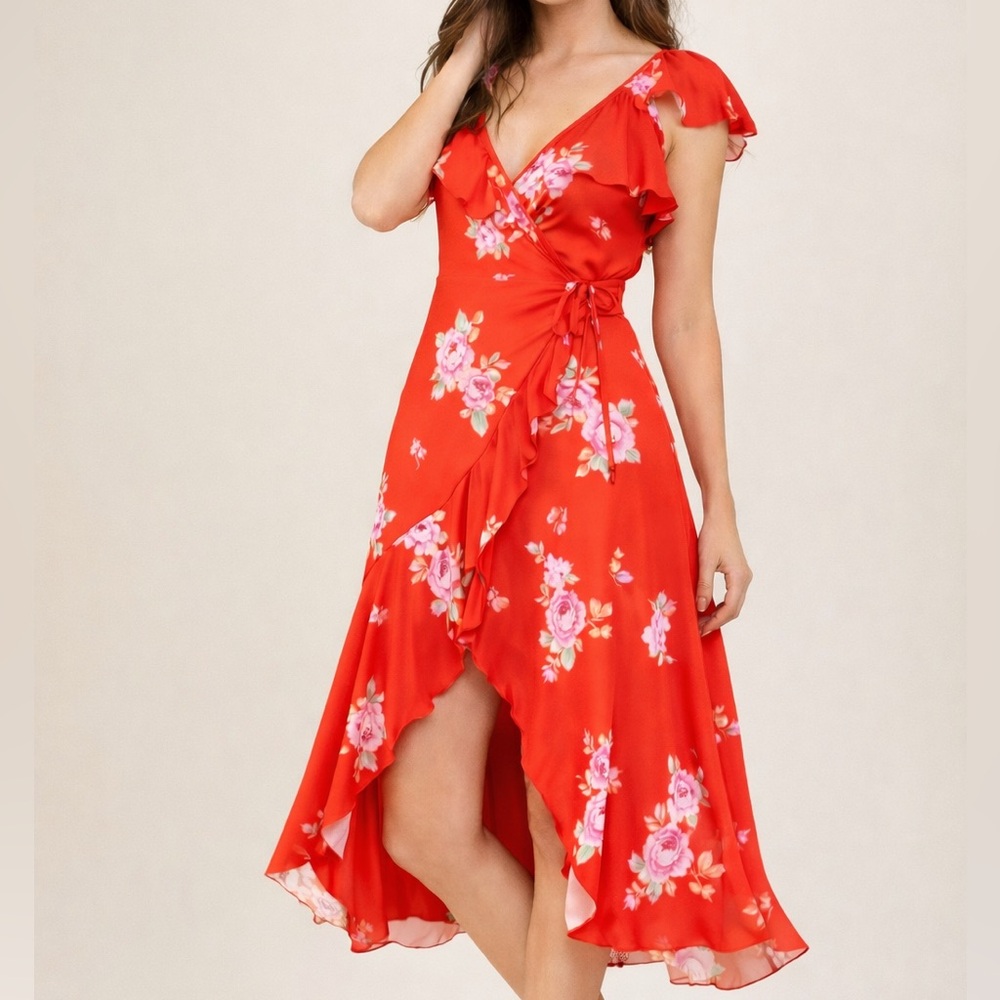NWT Altar'd State Red Floral Satin Wrap Dress V-Neck High Low Ruffle Small